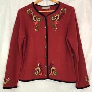 Croft Barrow Sweater Womens Red Woolen Embroidered Button Up Cardigan Size M